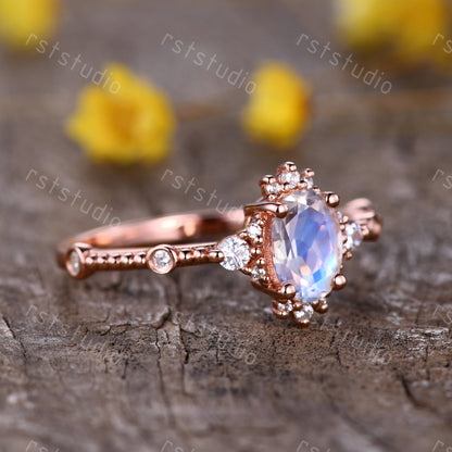 0.65 carat natural Moonstone engagement ring rose gold diamond wedding ring Art Deco anniversary ring Moonstone Rings for wome