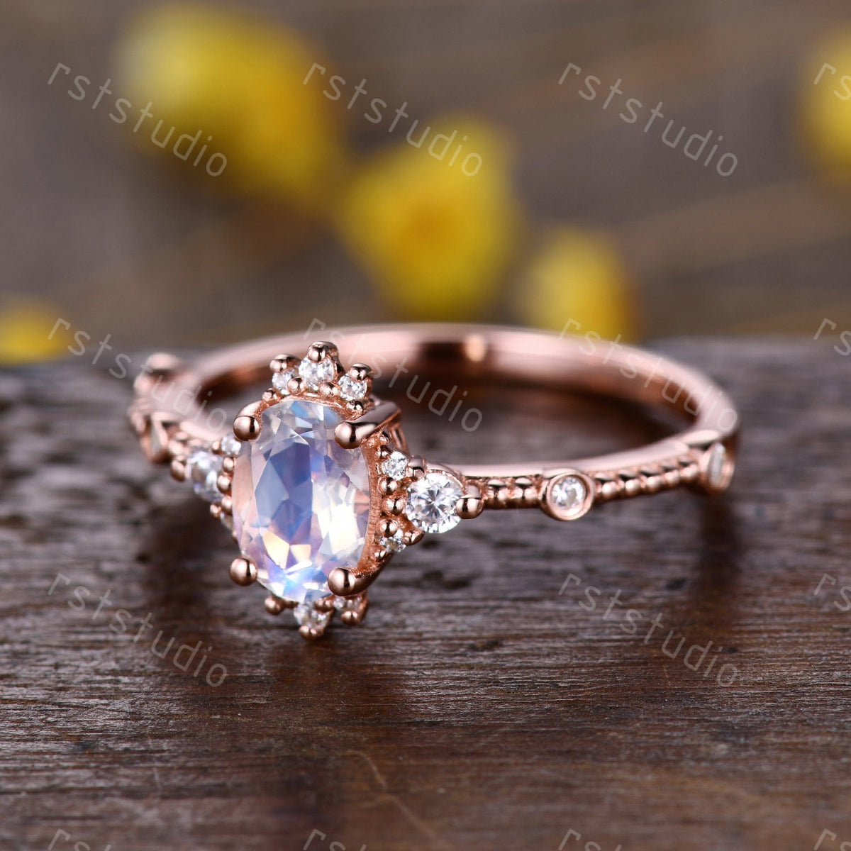 0.65 carat natural Moonstone engagement ring rose gold diamond wedding ring Art Deco anniversary ring Moonstone Rings for wome