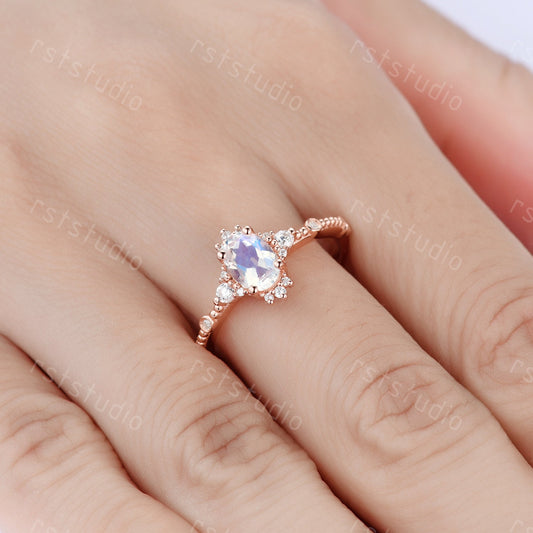 0.65 carat natural Moonstone engagement ring rose gold diamond wedding ring Art Deco anniversary ring Moonstone Rings for wome