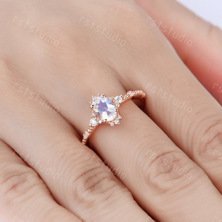 0.65 carat natural Moonstone engagement ring rose gold diamond wedding ring Art Deco anniversary ring Moonstone Rings for wome