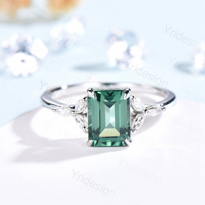 Emerald Cut Green Sapphire Engagement Ring,Vintage Glamour Ring - PENFINE