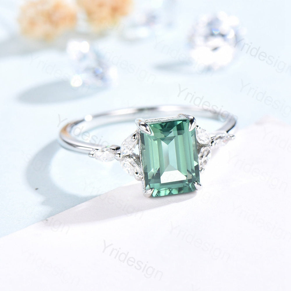 Emerald Cut Green Sapphire Engagement Ring,Vintage Glamour Ring - PENFINE