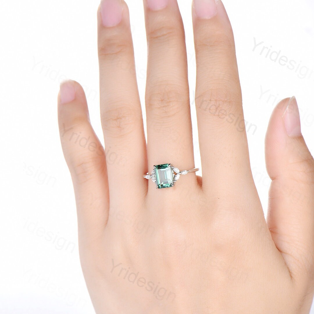 Emerald Cut Green Sapphire Engagement Ring,Vintage Glamour Ring - PENFINE