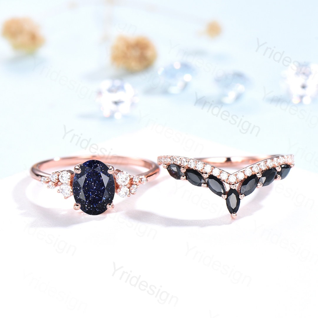 Oval Blue Sandstone Engagement Ring Set, 14k Rose Gold, Black Diamond & Moissanite - PENFINE