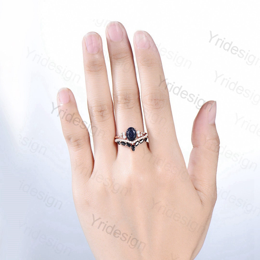 Oval Blue Sandstone Engagement Ring Set, 14k Rose Gold, Black Diamond & Moissanite - PENFINE