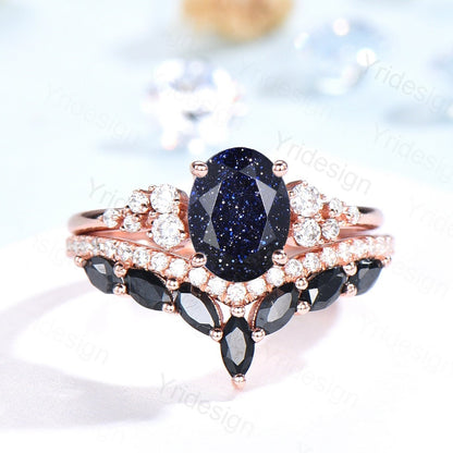 Oval Blue Sandstone Engagement Ring Set, 14k Rose Gold, Black Diamond & Moissanite - PENFINE