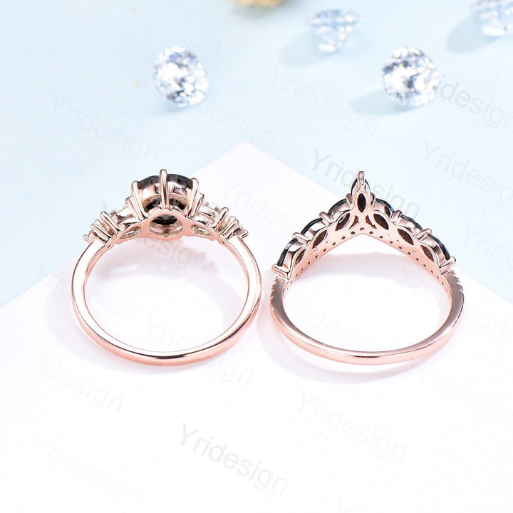 Oval Blue Sandstone Engagement Ring Set, 14k Rose Gold, Black Diamond & Moissanite - PENFINE