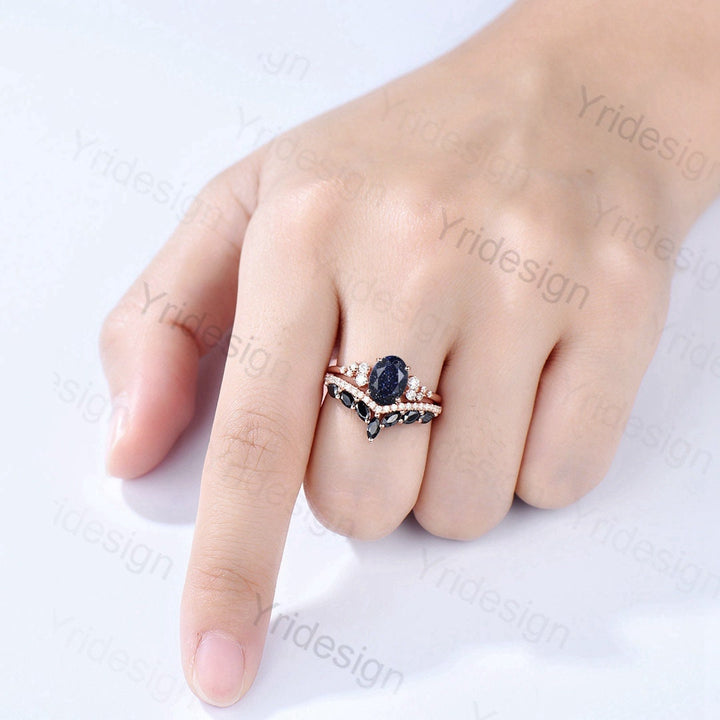 Oval Blue Sandstone Engagement Ring Set, 14k Rose Gold, Black Diamond & Moissanite - PENFINE