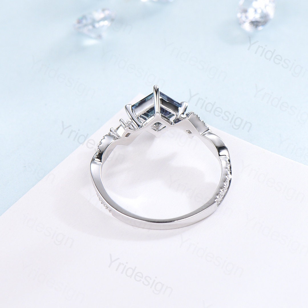 Unique 5mm princess cut sapphire ring twisted-Dainty blue sapphire moissanite engagement ring-White Gold infinity anniversary ring - PENFINE