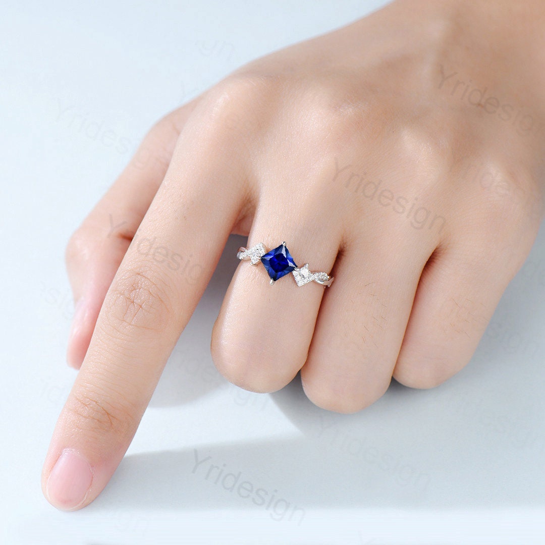 Unique 5mm princess cut sapphire ring twisted-Dainty blue sapphire moissanite engagement ring-White Gold infinity anniversary ring - PENFINE