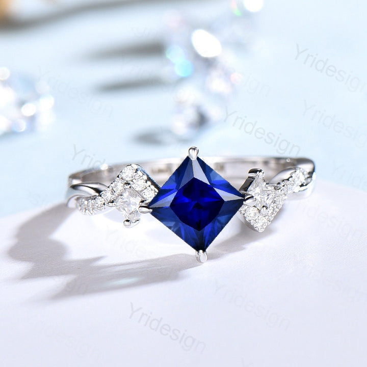 Unique 5mm princess cut sapphire ring twisted-Dainty blue sapphire moissanite engagement ring-White Gold infinity anniversary ring - PENFINE