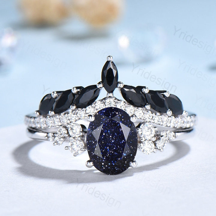 Oval Blue Sandstone Engagement Ring Set, 14k Rose Gold, Black Diamond & Moissanite - PENFINE