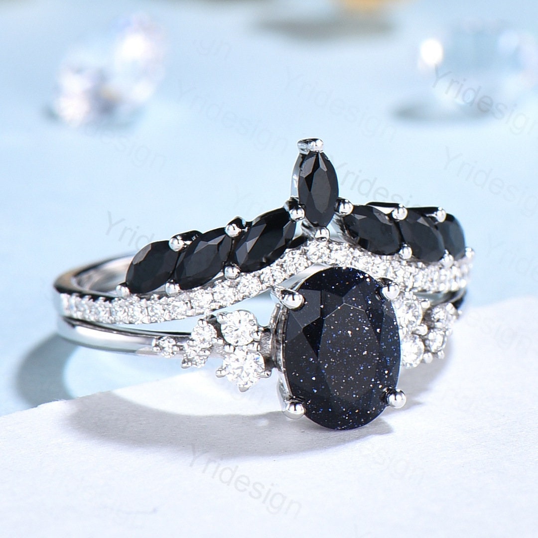 Oval Blue Sandstone Engagement Ring Set, 14k Rose Gold, Black Diamond & Moissanite - PENFINE