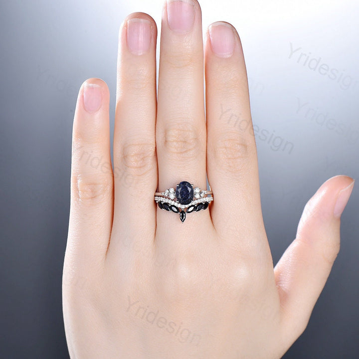 Oval Blue Sandstone Engagement Ring Set, 14k Rose Gold, Black Diamond & Moissanite - PENFINE