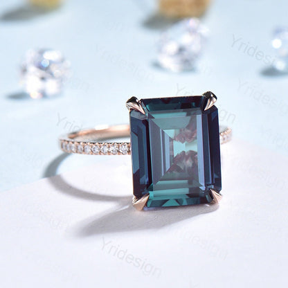 Hidden Halo Emerald Cut Alexandrite Engagement Ring Vintage 14K Rose Gold 6CT Alexandrite Diamond Wedding Ring Anniversary Gifts For Women - PENFINE