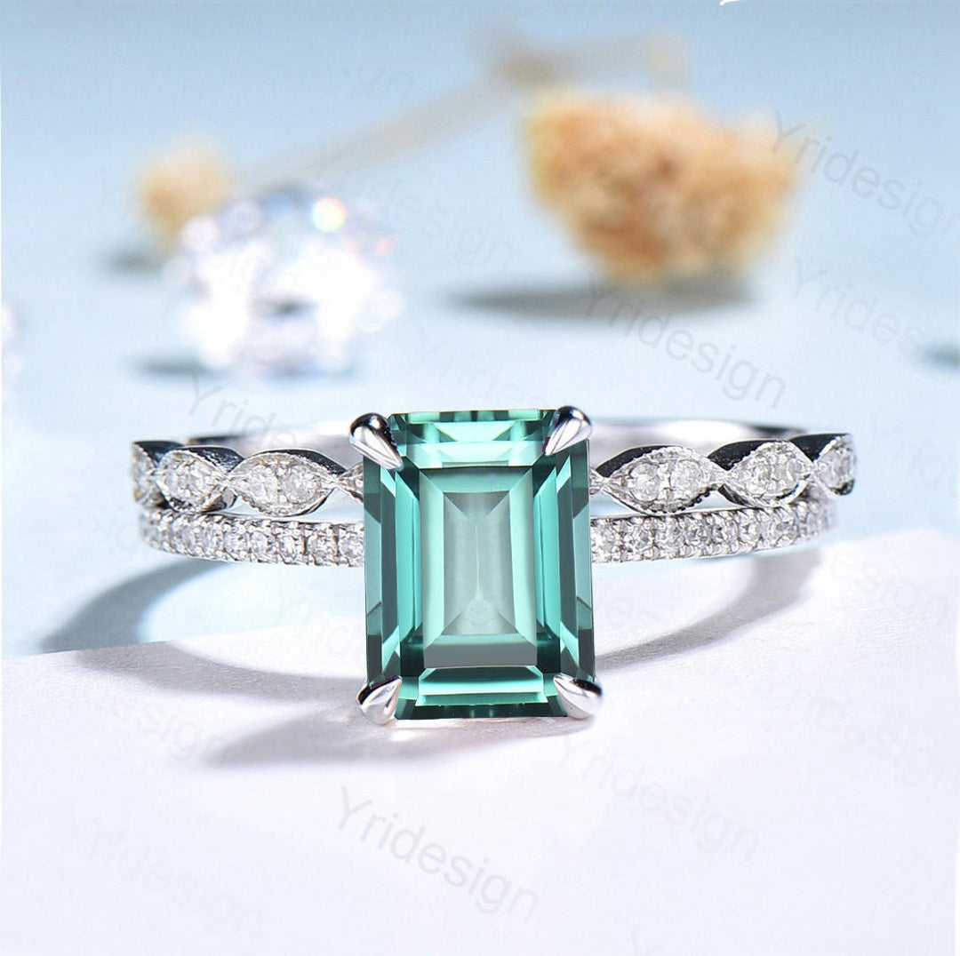 Emerald Cut Lab Green Sapphire Engagement Ring Set, White Gold - PENFINE