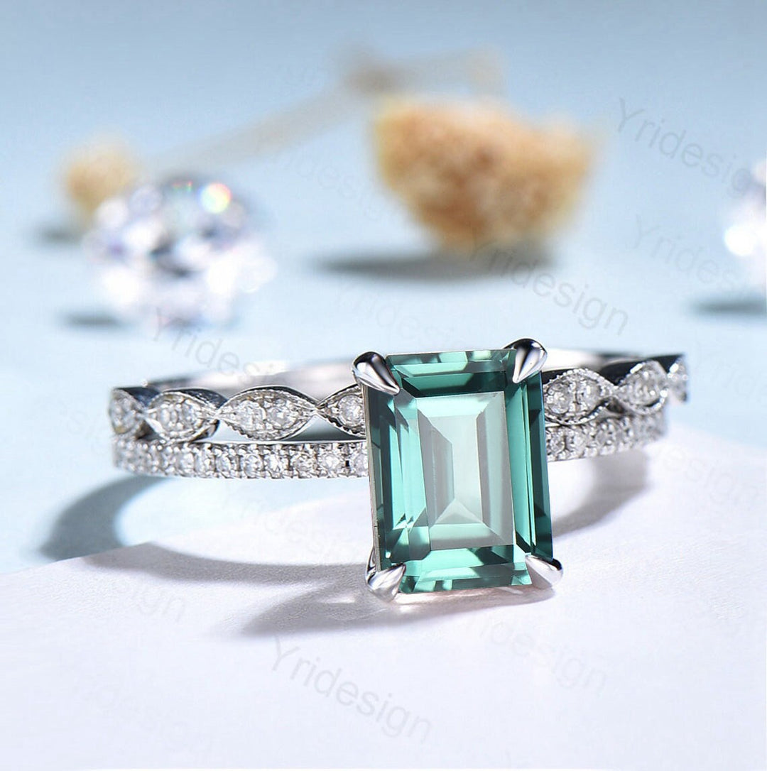 Emerald Cut Lab Green Sapphire Engagement Ring Set, White Gold - PENFINE