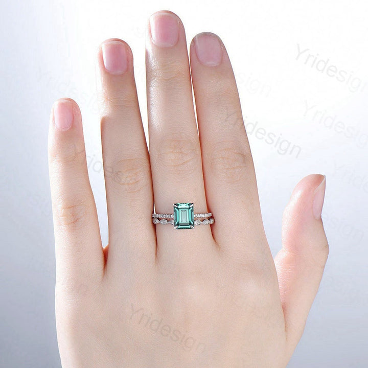 Emerald Cut Lab Green Sapphire Engagement Ring Set, White Gold - PENFINE