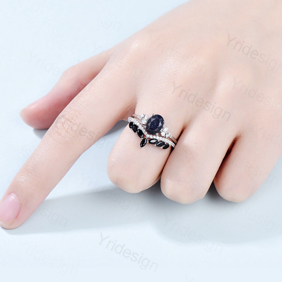 Oval Blue Sandstone Engagement Ring Set, 14k Rose Gold, Black Diamond & Moissanite - PENFINE