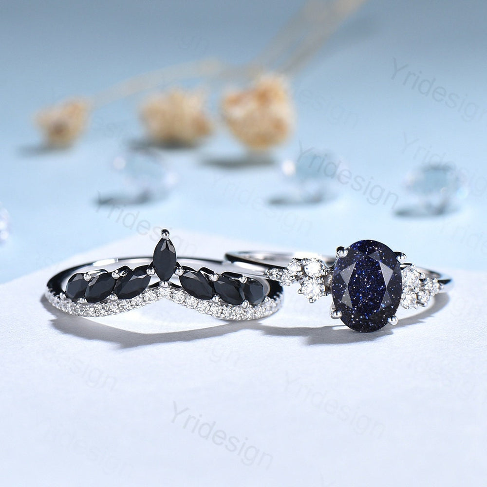 Oval Blue Sandstone Engagement Ring Set, 14k Rose Gold, Black Diamond & Moissanite - PENFINE