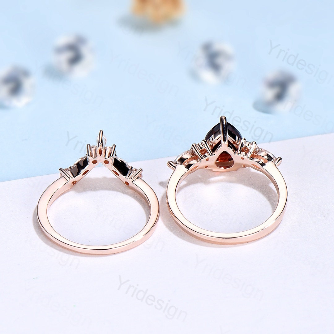 Vintage pear shaped garnet engagement ring set 14k rose gold marquise cut moissanite ring for women unique bridal wedding ring set - PENFINE