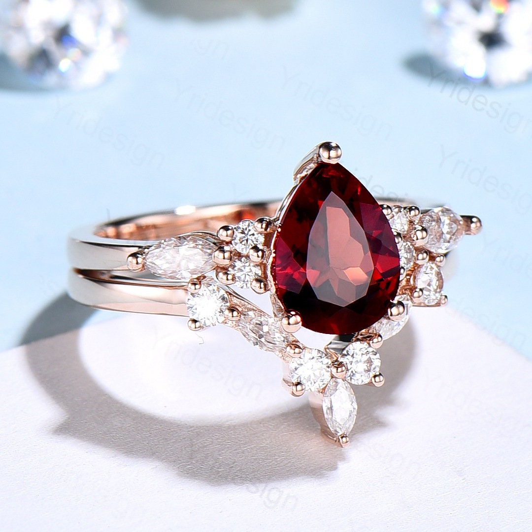 Vintage pear shaped garnet engagement ring set 14k rose gold marquise cut moissanite ring for women unique bridal wedding ring set - PENFINE