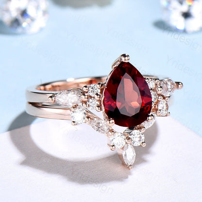 Vintage pear shaped garnet engagement ring set 14k rose gold marquise cut moissanite ring for women unique bridal wedding ring set - PENFINE