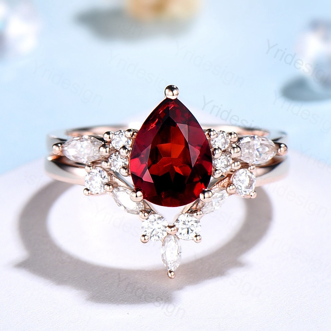 Vintage pear shaped garnet engagement ring set 14k rose gold marquise cut moissanite ring for women unique bridal wedding ring set - PENFINE