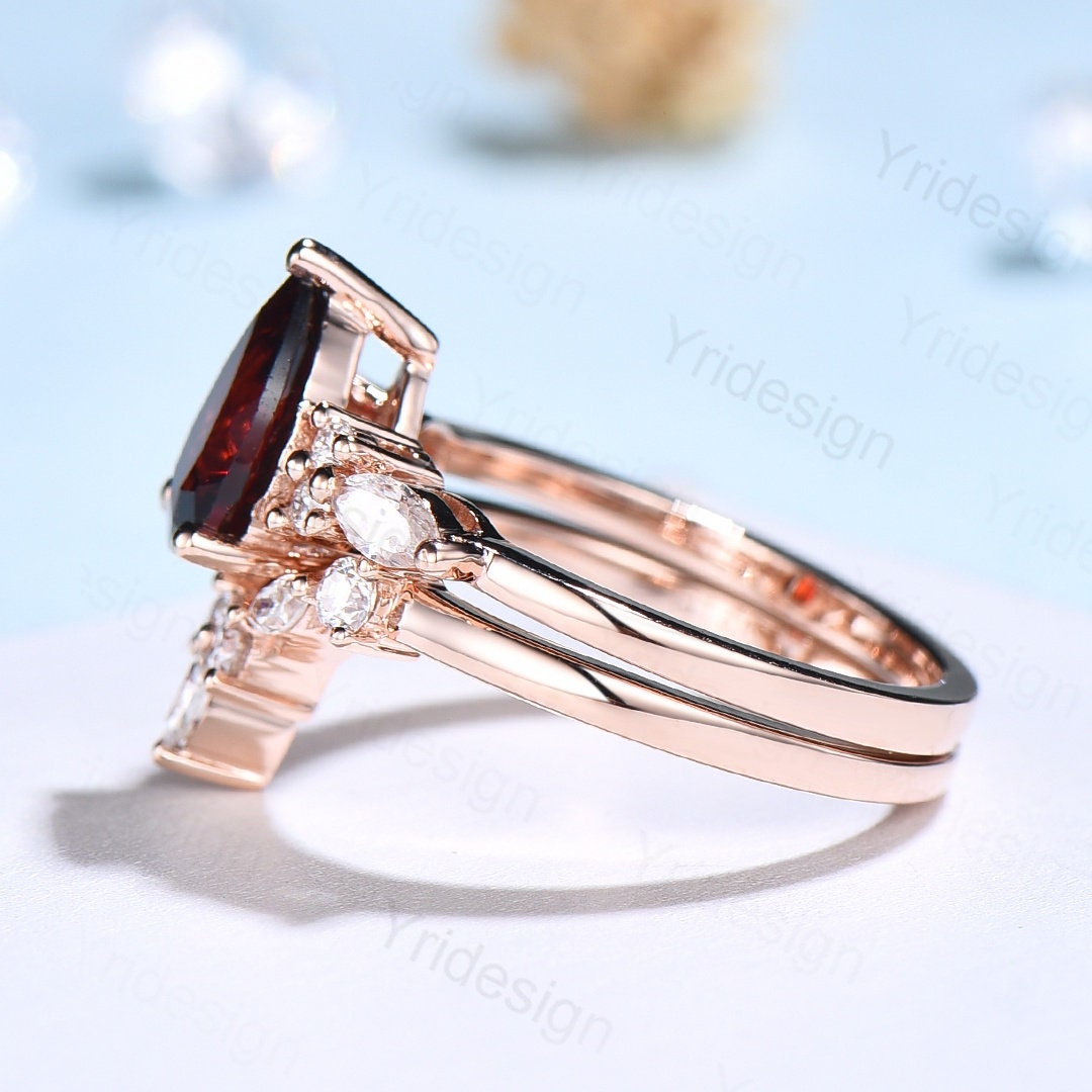 Vintage pear shaped garnet engagement ring set 14k rose gold marquise cut moissanite ring for women unique bridal wedding ring set - PENFINE