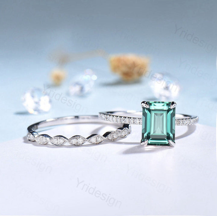 Emerald Cut Lab Green Sapphire Engagement Ring Set, White Gold - PENFINE