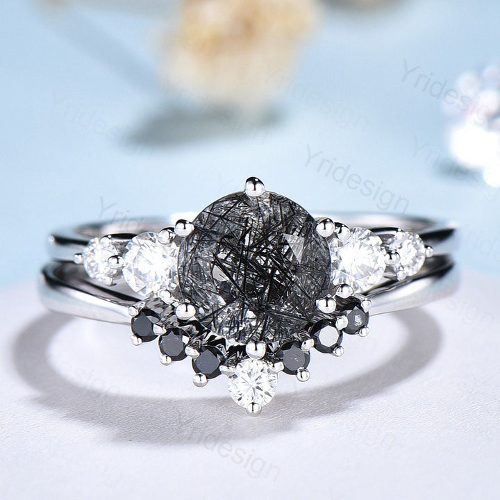 Unique black rutilated quartz engagement ring set Five stone black tourmaline wedding ring set for women Quartz crystal bridal brthday gift - PENFINE