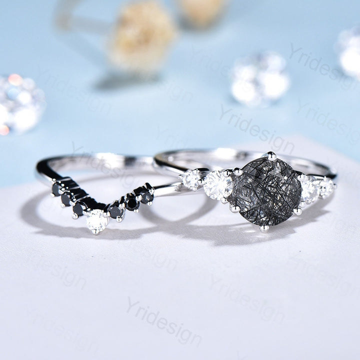 Unique black rutilated quartz engagement ring set Five stone black tourmaline wedding ring set for women Quartz crystal bridal brthday gift - PENFINE