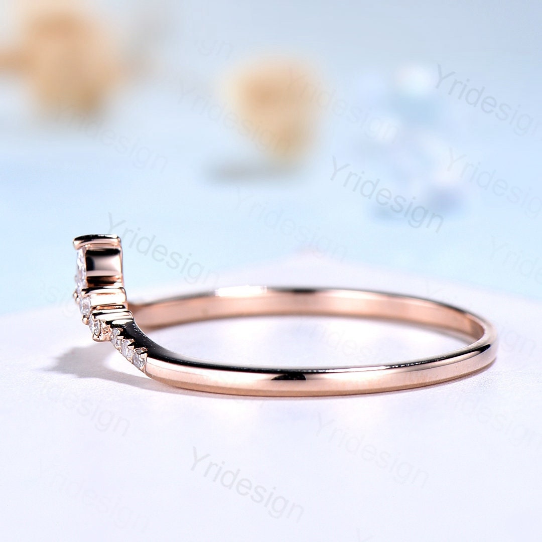 Curved wedding band rose gold marquise cut diamond Moissanite band Women Chevron Matching Stacking ring Unique band Promise Anniversary band - PENFINE