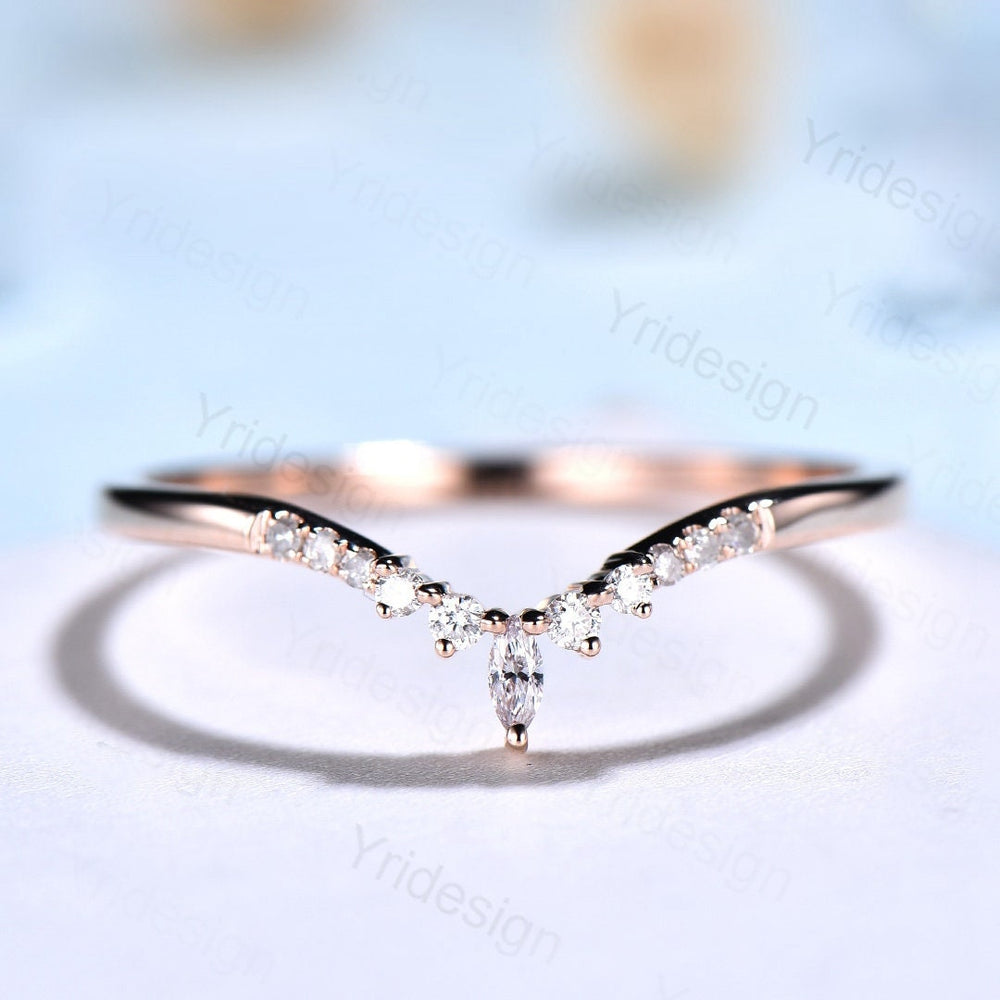 Curved wedding band rose gold marquise cut diamond Moissanite band Women Chevron Matching Stacking ring Unique band Promise Anniversary band - PENFINE