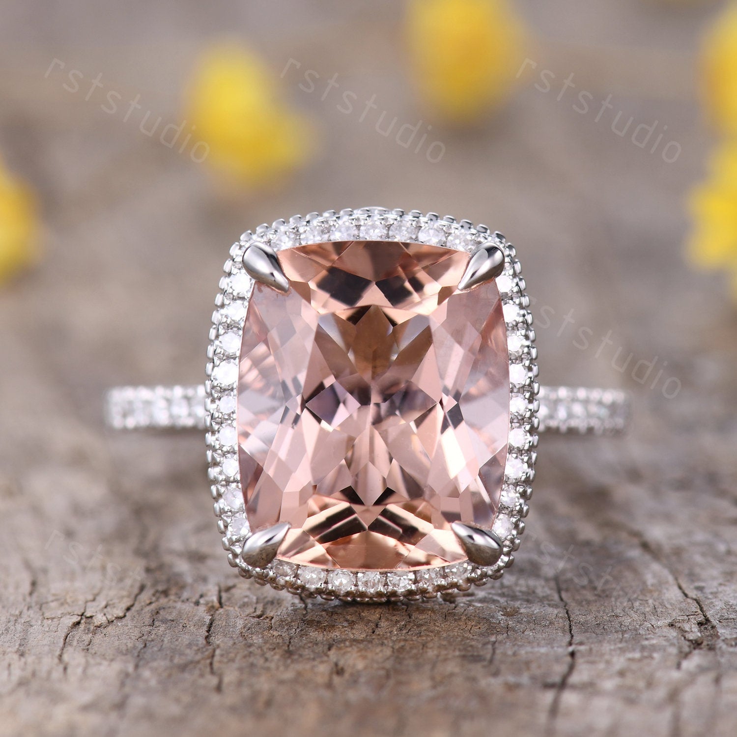 Cushion Cut Morganite Engagement Ring, Diamond Halo, White Gold Band