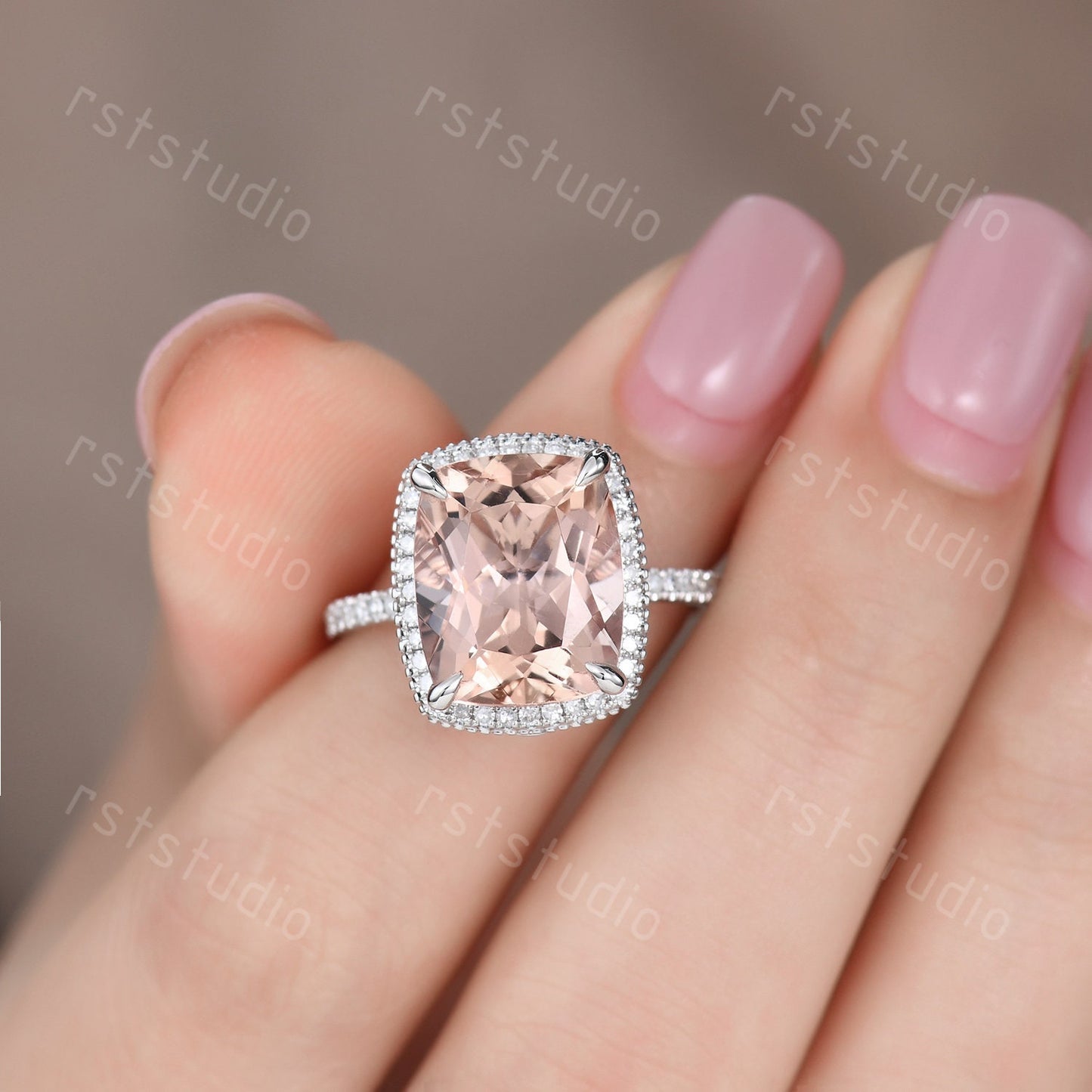 Cushion Cut Morganite Engagement Ring, Diamond Halo, White Gold Band