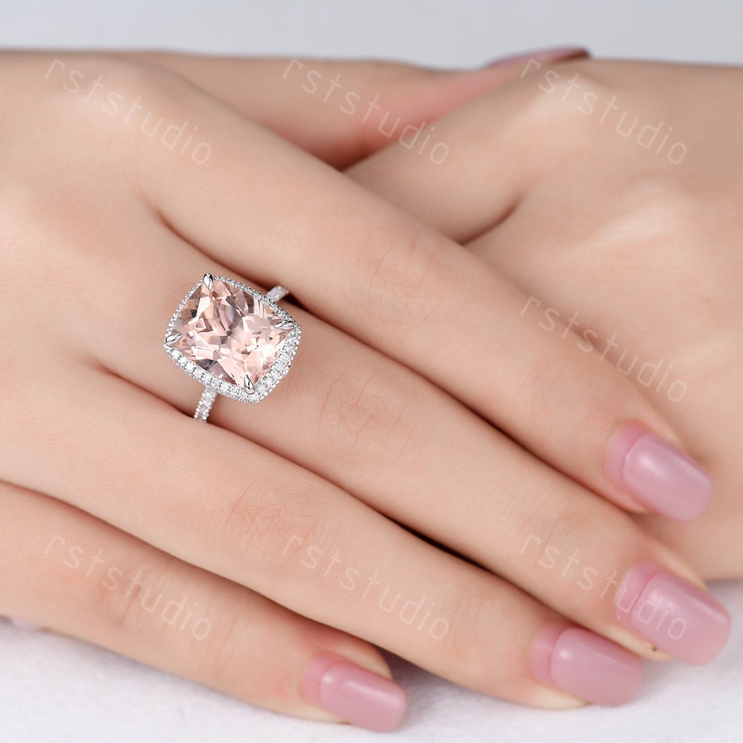 Cushion Cut Morganite Engagement Ring, Diamond Halo, White Gold Band