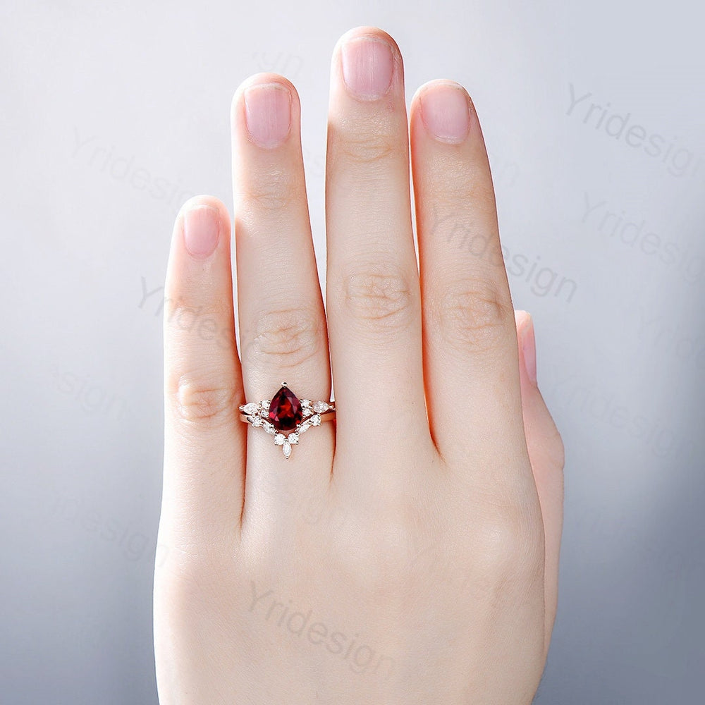 Vintage pear shaped garnet engagement ring set 14k rose gold marquise cut moissanite ring for women unique bridal wedding ring set - PENFINE