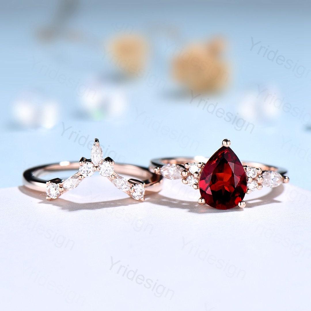 Vintage pear shaped garnet engagement ring set 14k rose gold marquise cut moissanite ring for women unique bridal wedding ring set - PENFINE
