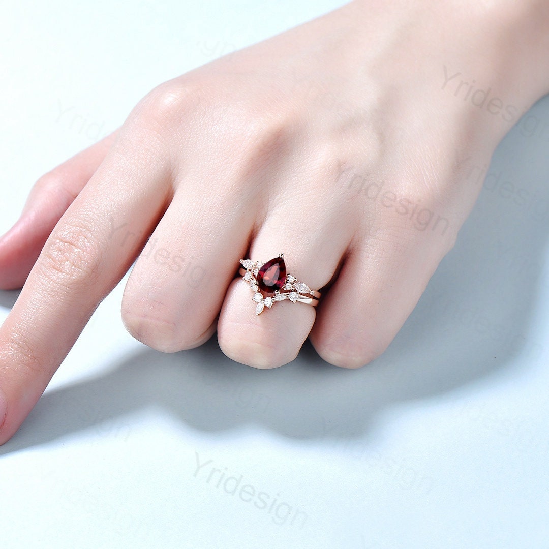 Vintage pear shaped garnet engagement ring set 14k rose gold marquise cut moissanite ring for women unique bridal wedding ring set - PENFINE