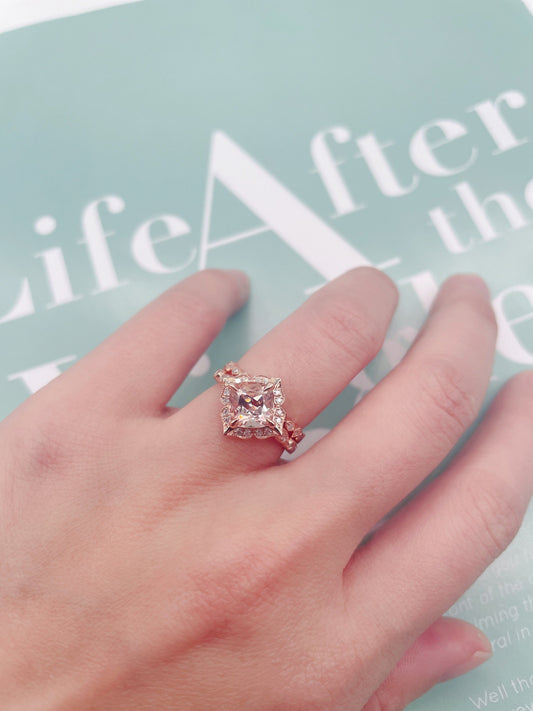 Cushion Morganite Engagement Ring Set, Rose Gold Diamond Wedding Band, Art Deco Bridal Jewelry