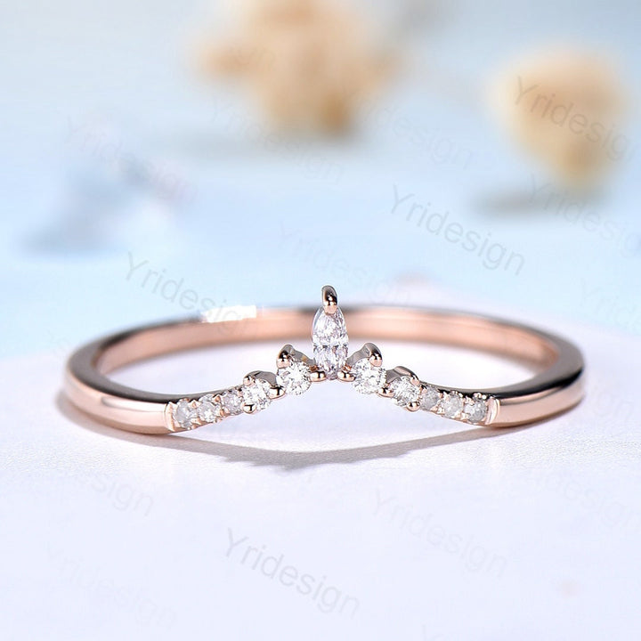 Curved wedding band rose gold marquise cut diamond Moissanite band Women Chevron Matching Stacking ring Unique band Promise Anniversary band - PENFINE