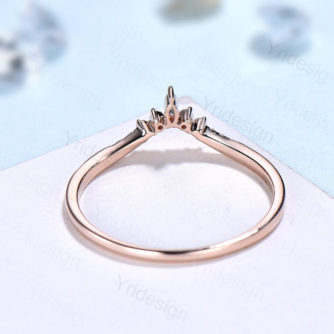 Curved wedding band rose gold marquise cut diamond Moissanite band Women Chevron Matching Stacking ring Unique band Promise Anniversary band - PENFINE