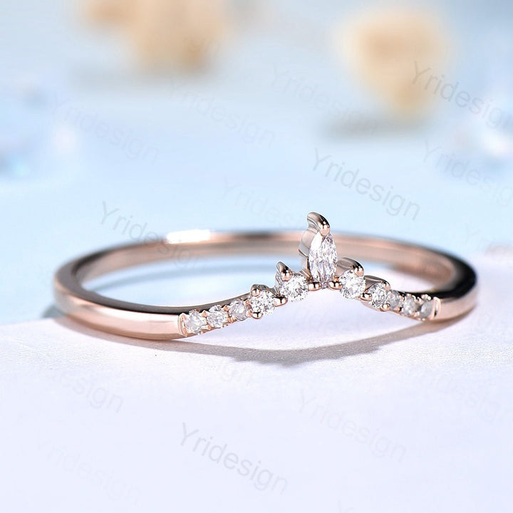 Curved wedding band rose gold marquise cut diamond Moissanite band Women Chevron Matching Stacking ring Unique band Promise Anniversary band - PENFINE