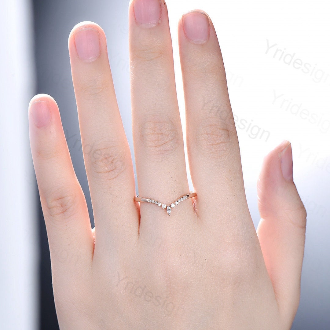 Curved wedding band rose gold marquise cut diamond Moissanite band Women Chevron Matching Stacking ring Unique band Promise Anniversary band - PENFINE