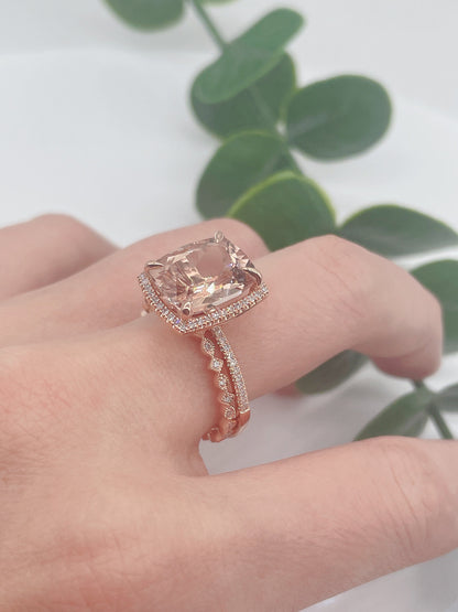 Morganite Engagement Ring Set: 14K Rose Gold, Halo Diamond
