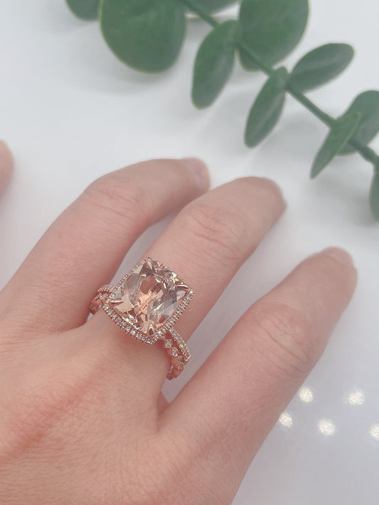 Cushion Cut Morganite Engagement Ring Set, 14K Rose Gold Diamond Bridal Band