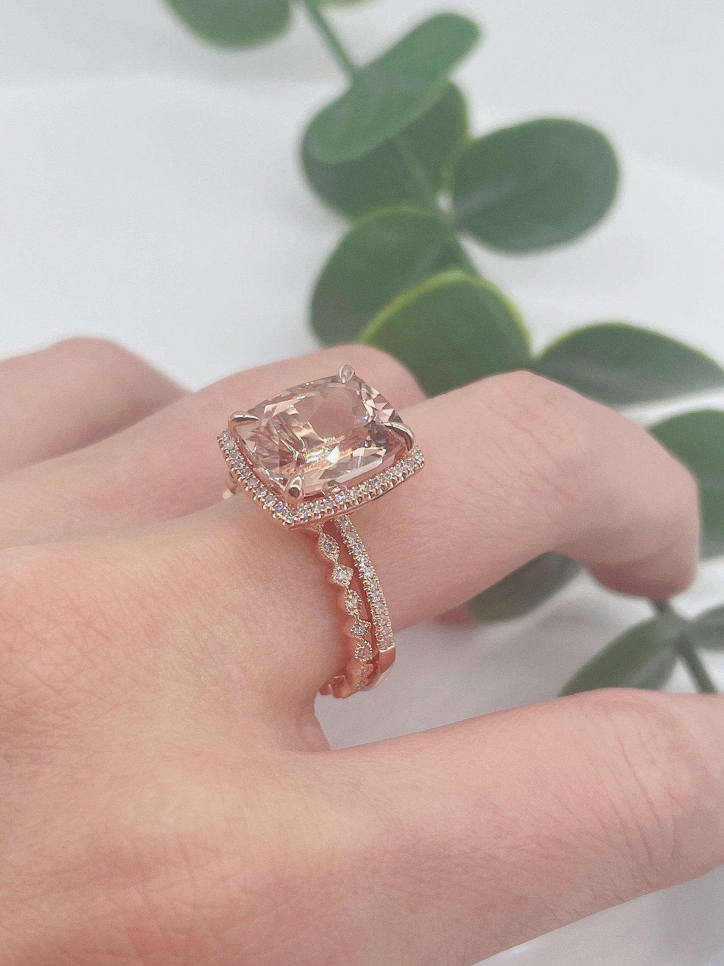 Cushion Cut Morganite Engagement Ring Set, 14K Rose Gold Diamond Bridal Band