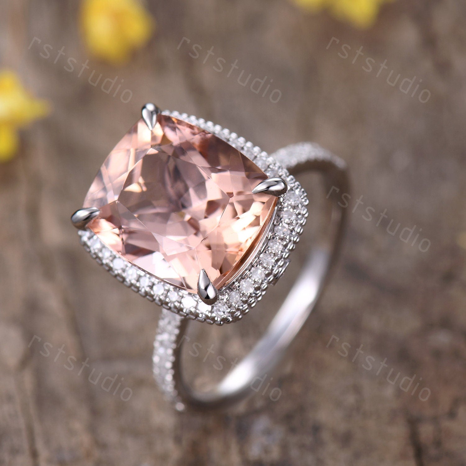 Cushion Cut Morganite Engagement Ring, Diamond Halo, White Gold Band