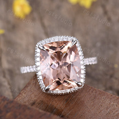 Cushion Cut Morganite Engagement Ring, Diamond Halo, White Gold Band